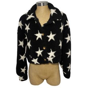 Altar'd State Black/White Star print Sherpa Crop Jacket button front large